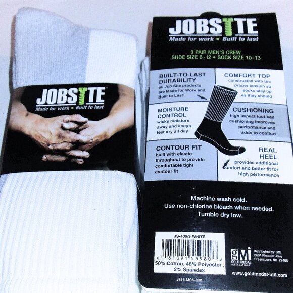 6 Pair Mens Jobsite Moisture Control Comfort Top Cushioned White Work Crew Socks - Picture 2 of 2
